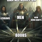 Knights of the Round Table | THINGS WE CAN ALL AGREE ON; MEN; LESBIANS; NEW BORN BABYS; BOOBS | image tagged in knights of the round table | made w/ Imgflip meme maker