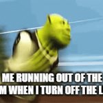 I always imagined something would grab me | ME RUNNING OUT OF THE ROOM WHEN I TURN OFF THE LIGHT | image tagged in gifs,shrek running | made w/ Imgflip video-to-gif maker