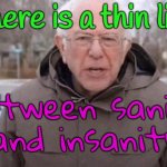 There is a thin line between sanity and insanity | There is a thin line; between sanity and insanity | image tagged in i am once again asking,bernie sanders,insanity,scumbag america,crying democrats,i love democracy | made w/ Imgflip meme maker