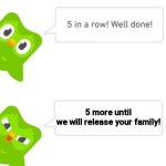 im almost done freeing my familia | 5 more until we will release your family! | image tagged in duolingo 5 in a row | made w/ Imgflip meme maker
