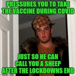 Steve made you take the Fauci ouchie | PRESSURES YOU TO TAKE THE VACCINE DURING COVID; JUST SO HE CAN CALL YOU A SHEEP AFTER THE LOCKDOWNS END | image tagged in scumbag steve | made w/ Imgflip meme maker