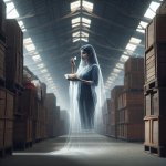 women ghost eating a snack in a warehouse