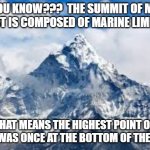 mount everest | DID YOU KNOW???  THE SUMMIT OF MOUNT EVEREST IS COMPOSED OF MARINE LIMESTONE; THAT MEANS THE HIGHEST POINT ON EARTH WAS ONCE AT THE BOTTOM OF THE OCEAN. | image tagged in mount everest | made w/ Imgflip meme maker
