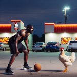 Large black man playing basketball against a chicken in a KFC pa