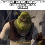 I have the memory of a goldfish | ME:*WALKS INTO A ROOM TO GET SOMETHING*
ME:WHAT WAS I HERE FOR?
MY BRAIN: | image tagged in shrek | made w/ Imgflip meme maker