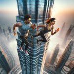 a couple running up a skyscraper building wall