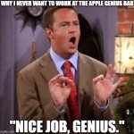 Genius Bar Sarcasm | WHY I NEVER WANT TO WORK AT THE APPLE GENIUS BAR; "NICE JOB, GENIUS." | image tagged in chandler bing,genius bar,apple,tim apple | made w/ Imgflip meme maker