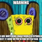 That's true | WARNING; YOU ARE WATCHING UNAUTHORIZED SPONGEBOB DVD EJECT IT NOW OR PAY A FINE OF 250'000  DOLLARS | image tagged in bootleg spongebob | made w/ Imgflip meme maker