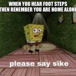 please say sike | WHEN YOU HEAR FOOT STEPS THEN RENEMBER YOU ARE HOME ALONE | image tagged in please say sike | made w/ Imgflip meme maker