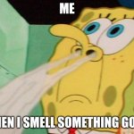 Delicious | ME; WHEN I SMELL SOMETHING GOOD | image tagged in spongebob smelling | made w/ Imgflip meme maker