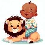 A cute black baby sitting on a baby lion