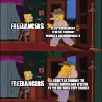 Clients always give freelancers trouble about paying for the work | FREELANCERS; CLIENTS DEMANDING SEVERAL HOURS OF WORK TO DESIGN A WEBSITE; FREELANCERS; CLIENTS AS SOON AS THE INVOICE ARRIVES AND IT'S TIME TO PAY FOR WORK THEY ORDERED | image tagged in walking in and out,simpsons,freelancers,work,employment | made w/ Imgflip meme maker