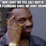 If you think about it | WHY DONT WE USE SALT WATER FOR PLUMBING SINCE WE DONT DRINK IT | image tagged in black guy pointing at head | made w/ Imgflip meme maker