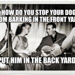 Dadfy Rabbit memes | HOW DO YOU STOP YOUR DOG FROM BARKING IN THE FRONT YARD? PUT HIM IN THE BACK YARD | image tagged in daddy rabbit memes,funny,dog,rock and roll | made w/ Imgflip meme maker
