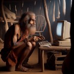 a primitive man using a computer