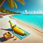 Tropical Beach with Banana Person sunbathing
