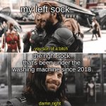 sock :) | my left sock; the right sock that's been under the washing machine since 2018; you son of a bitch; damn right | image tagged in steve and buck reunited,memes | made w/ Imgflip meme maker