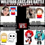 willybob battle (hamilton hocks is replaced by hatsune miku, felicia is replaced by katrina buno) | WILLYBOB CAST 4V4 BATTLE; KATRINA BUNO, THE BENCHBOT, ANIYAH SMART & AUTISM CREATURE; ME, ZOE COLLETTI, HATSUNE MIKU & RUBY GLOOM | image tagged in death battle of four | made w/ Imgflip meme maker