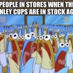 or is it just the internet? | PEOPLE IN STORES WHEN THE STANLEY CUPS ARE IN STOCK AGAIN: | image tagged in spongebob anchovies | made w/ Imgflip meme maker