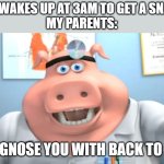 Anyone relate to this? | ME: *WAKES UP AT 3AM TO GET A SNACK*
MY PARENTS:; I DIAGNOSE YOU WITH BACK TO BED! | image tagged in i diagnose you with dead,back to bed,farmyard,lol,snacks | made w/ Imgflip meme maker