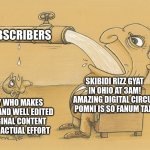 youtube treating me like | SUBSCRIBERS; SKIBIDI RIZZ GYAT IN OHIO AT 3AM! AMAZING DIGITAL CIRCUS POMNI IS SO FANUM TAX! GUY WHO MAKES GOOD AND WELL EDITED ORIGINAL CONTENT WITH ACTUAL EFFORT | image tagged in man with a lot of water | made w/ Imgflip meme maker
