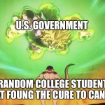 this actually happened | U.S. GOVERNMENT; RANDOM COLLEGE STUDENT THAT FOUNG THE CURE TO CANCER | image tagged in reachin broly,us government | made w/ Imgflip meme maker
