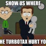 It Can Be Traumatic! | SHOW US WHERE; THE TURBOTAX HURT YOU | image tagged in show me on this doll,turbotax,income tax,file taxes | made w/ Imgflip meme maker