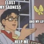 is this butterfly | I LOST MY SADNESS; AND MY LIFE; HELP ME | image tagged in is this butterfly | made w/ Imgflip meme maker