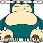 Snorlax | WE SHOULD HIBERNATE DURING THE WINTER; JUST LIKE BEARS DO IN A REAL WORLD. | image tagged in snorlax | made w/ Imgflip meme maker