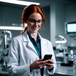 YOUNG WOMAN SCIENTIST SMILING AT CELL PHONE, GOOD NEWS