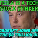 Tesla Is A Tech Stock Stinker | TESLA IS A TECH
STOCK STINKER; MICROSOFT JOINS APPLE IN THE $3 TRILLION CLUB | image tagged in elon musk sad,tesla,elon musk,microsoft,apple,funny meme | made w/ Imgflip meme maker