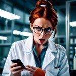 YOUNG WOMAN SCIENTIST SHOCKED AT THE BAD NEWS, CELL PHONE