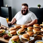 FAT GUY SURROUNDED BY CHEESEBRGERS
