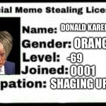 Meme Stealing License | DONALD KAREN TRUMPET; ORANGE; -69; 0001; SHAGING UR MUM | image tagged in meme stealing license | made w/ Imgflip meme maker
