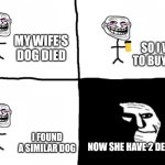 *Dead Dog* | SO I WENT TO BUY A DOG; MY WIFE'S DOG DIED; I FOUND A SIMILAR DOG; NOW SHE HAVE 2 DEAD DOG | image tagged in troll face,dog,wife,lol | made w/ Imgflip meme maker