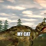 CDH Trex biting someguy | THE RAT HE FOUND; MY CAT | image tagged in cdh trex biting someguy,dinosaur memes | made w/ Imgflip meme maker