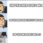 how | THE TEACHER GIVES ME A 31; THE TEACHER REALIZES IT WAS A MISTAKE; THE TEACHER GIVES ME A 13 | image tagged in shocked neutral shocked,goanimate,vyond | made w/ Imgflip meme maker