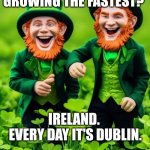 Leprechaun Fun | WHAT COUNTRY'S CAPITAL IS GROWING THE FASTEST? IRELAND. 
EVERY DAY IT'S DUBLIN. | image tagged in leprechauns,humor,dad joke,dad jokes,irish,funny | made w/ Imgflip meme maker