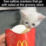 some of you may know what i'm talking about | 5-year-old me stealing the free saltine crackers that go with salad at the grocery store: | image tagged in cat stealing mcdonalds fry,steal,free,crackers | made w/ Imgflip meme maker