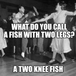 Daddy rabbit memes | WHAT DO YOU CALL A FISH WITH TWO LEGS? A TWO KNEE FISH | image tagged in daddy rabbit memes,funny,fish,rock and roll | made w/ Imgflip meme maker