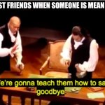 Why are they like this ಠ⁠_⁠ಠ | MY BEST FRIENDS WHEN SOMEONE IS MEAN TO ME: | image tagged in we're gonna teach them how to say goodbye hamilton | made w/ Imgflip meme maker