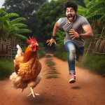 chicken chasing a man