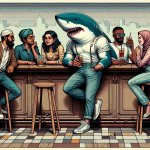 Great white shark hanging out at a bar with his friends from the