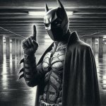 batman standing in a parking garage holding up one finger