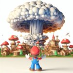 paper mario happily watching a nuclear bomb destroy the mushroom