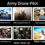 What People Think I Do / What I Really Do | Army Drone Pilot; What society thinks I do; What my parents think I do; What my friends think I do; What I really do; What my CO thinks I do; What I think I do | image tagged in what people think i do / what i really do | made w/ Imgflip meme maker