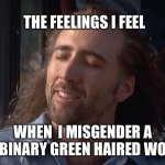 Nicolas Cage Feeling You Get | THE FEELINGS I FEEL; WHEN  I MISGENDER A NON-BINARY GREEN HAIRED WOMAN | image tagged in nicolas cage feeling you get,transphobic,gender,gender identity | made w/ Imgflip meme maker