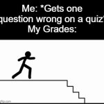 I once went from an A to a C when that happened. | Me: *Gets one question wrong on a quiz*
My Grades: | image tagged in gifs,memes,funny,school,grades,why are you reading this | made w/ Imgflip video-to-gif maker