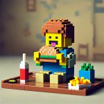 lego man eating a hamburger