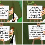 doofenchirtz | Lock my daughter in a tower so she won't have children! Oracle tells me "Your grandchild will kill you"; Baby's father is Zeus who calls in a favor from his brother Poseidon.  
Kid lives & years later accidentally kills me... When she has a kid anyway, put her & the kid in a box and throw them into the sea. | image tagged in doofenchirtz | made w/ Imgflip meme maker